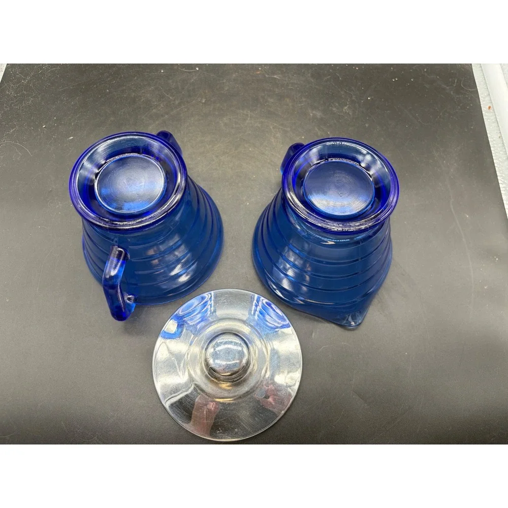 Vintage Cobalt Blue Glass Creamer Sugar Set Salt Pepper Shakers Art Deco Ribbed